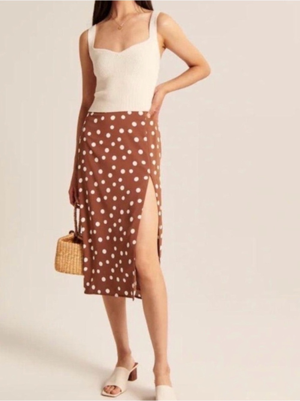 Abercrombie Fitch Dipped Waist Polka Dot Midi Thigh Slit Skirt Brown White XS